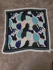 NWT New Ann Taylor LOFT Scarf Square Floral Abstract Tulip Blue White Fringe