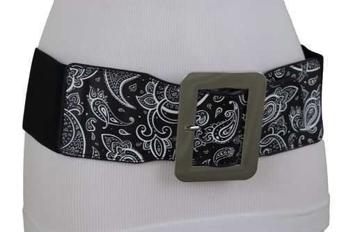 Women Wide Black Elastic High Waist Hip Belt White Paisley Print Fit Size S M - Picture 17 of 24