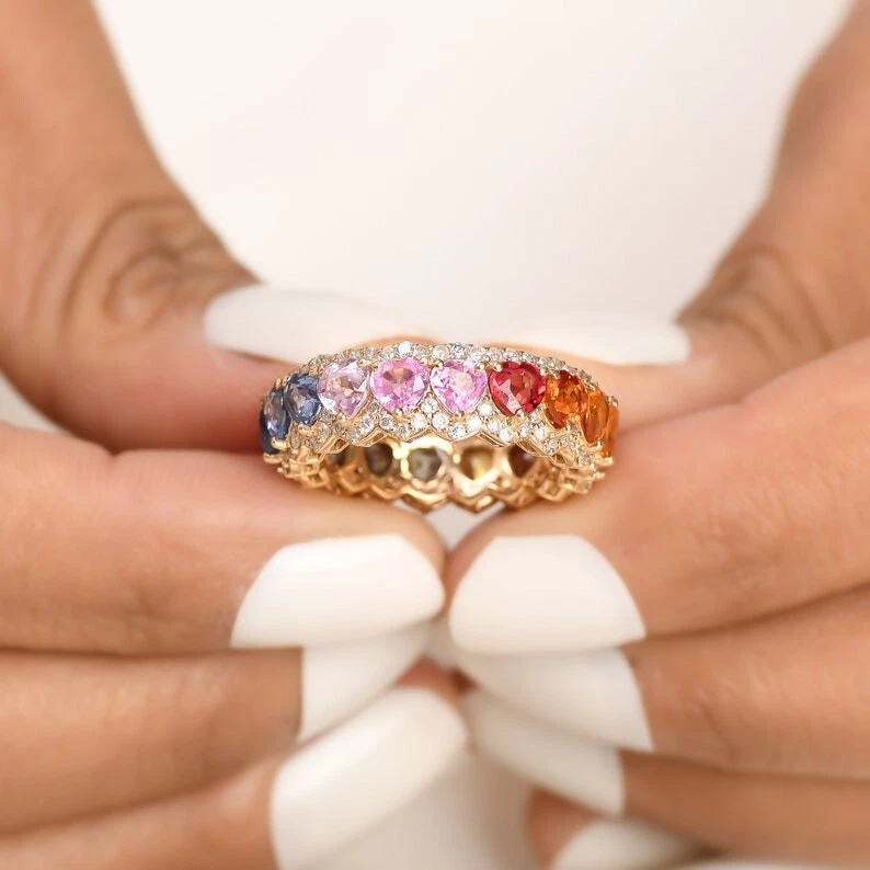 Anillo de plata 925 arco iris banda de eternidad, arco iris zafiro amatista, anillo orgullo gay Foto 2 de 4