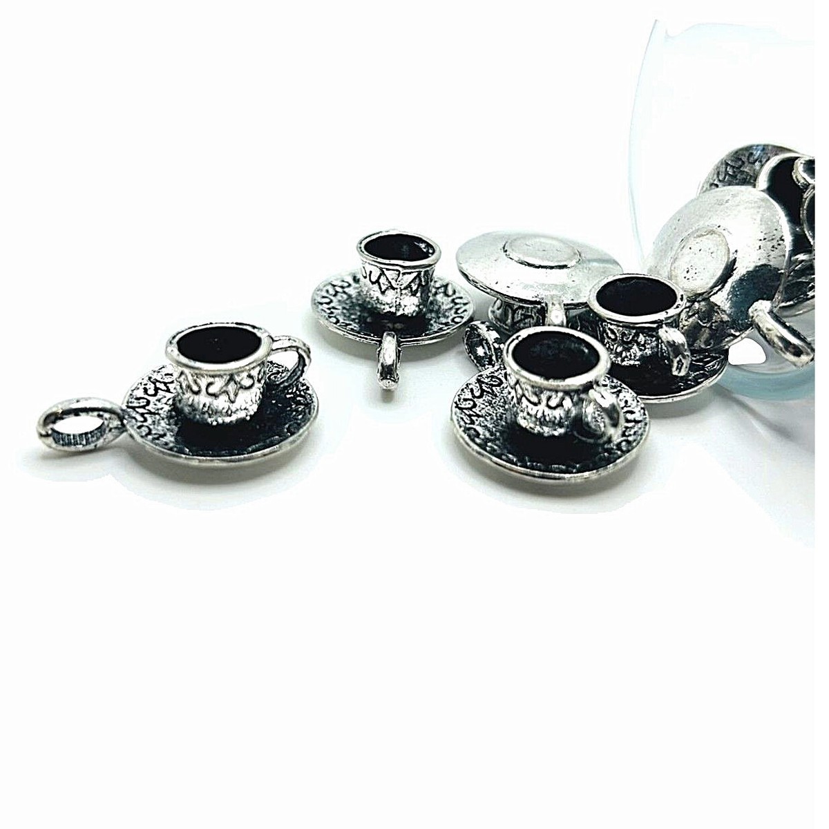 4, 20 or 50 BULK pcs Silver 3D Tea Cup and Saucer Coffee Charms-US