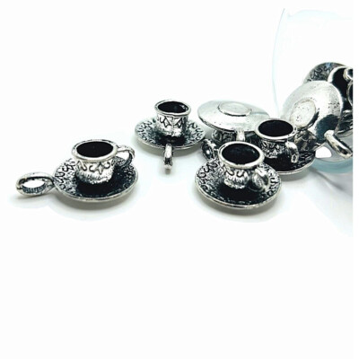 4, 20 or 50 BULK pcs Silver 3D Tea Cup and Saucer Coffee Charms-US
