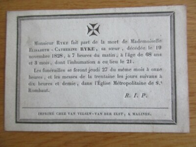 DECES TEILEN ELISABETH CATHERINE RYKE 1828 MALINES ST ROMBAUT 
