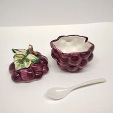 Vtg Porcelain Glossy Grapes Jam Jelly Sugar Bowl Dish Lid Spoon Japan CHIPPED