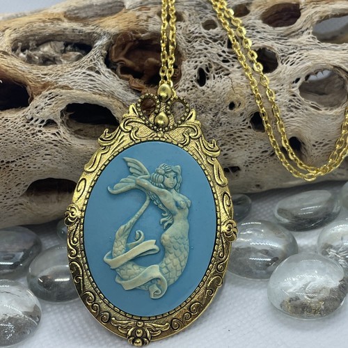 Mermaid Beach BFF Sister Sea Goddess WEDDING Siren Cameo Necklace Teal Gold New - Picture 3 of 13