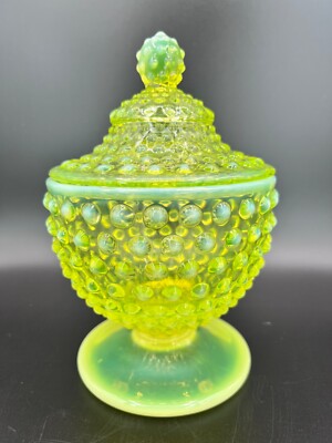 フェントン オパールセント キャンデイディッシュ Fenton Glass Topaz Vaseline Opalescent Hobnail Covered Candy