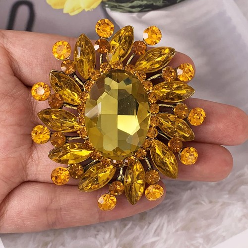 Flower Rhinestone Statement Brooch Pin Broach Antique Gold Tone Yellow - Picture 2 of 3
