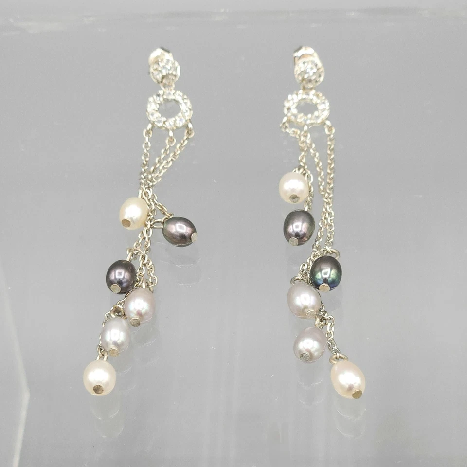 Sterling Silver Gray Cream FW Pearl Crystal Chain Drop Fringe Post Earrings 7.3g - Image 2 of 4