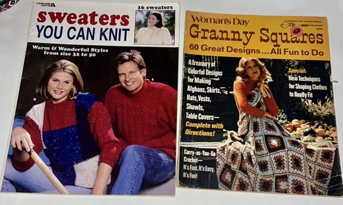 💥Lot Of (2) Vintage Woman's Day Special Granny Squares 1973 & Sweater To Knit💥 - Picture 1 of 9