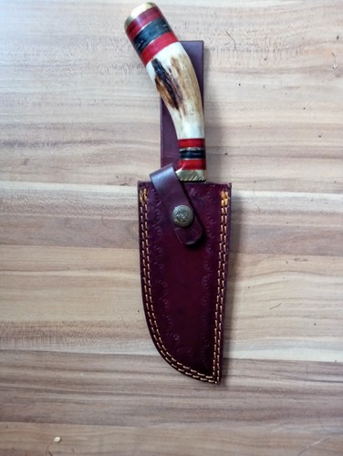 Custom Made Fixed Blade Damascus Steel Knife Stag Horn W Leather Sheath - Picture 4 of 4