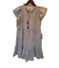 Eliza J Blue White Stripe Tiered Tassel Flutter Cap Sleeve Women’s Dress Size 6 
