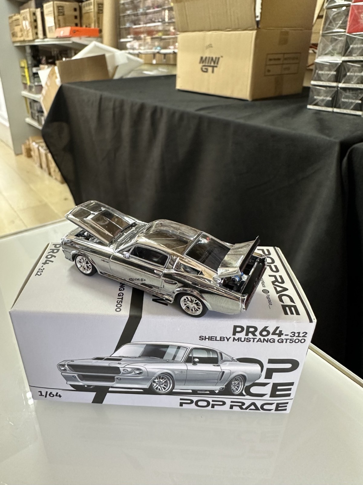 FORD MUSTANG SHELBY GT500 HOOD TRUNK OPEN CHROME 1/64 DIECAST CAR BY POP RACE PR - Thumbnail 7