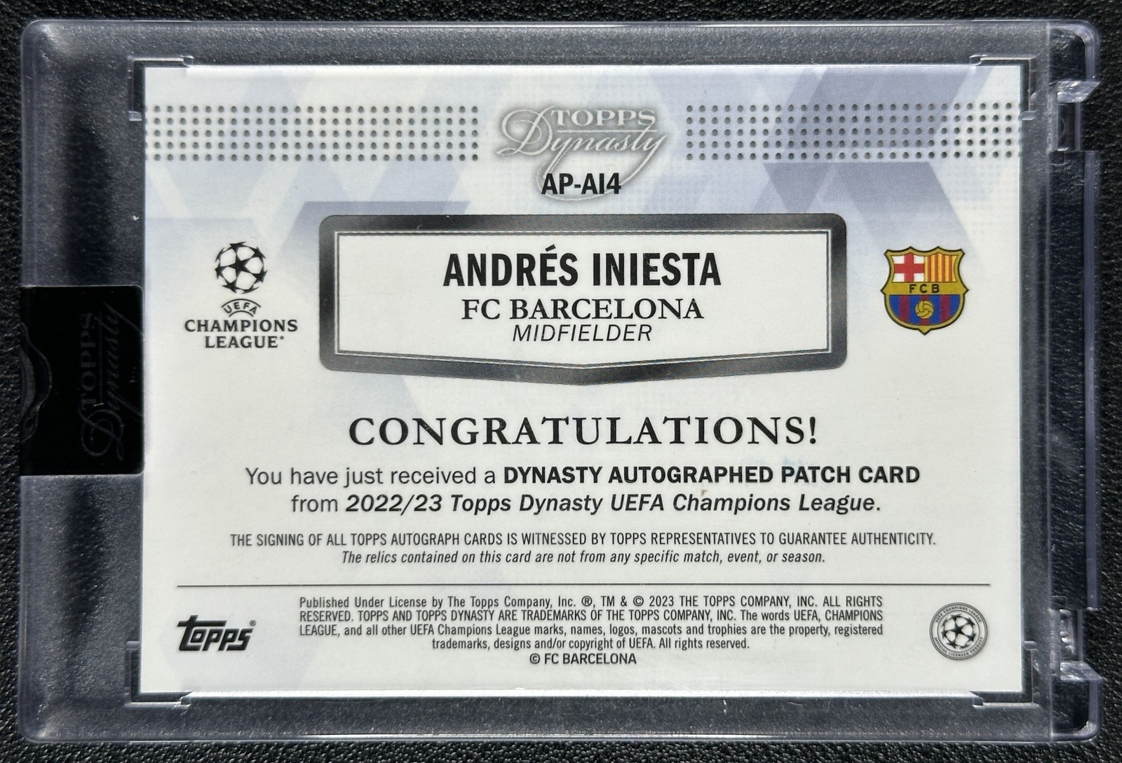 ANDRES INIESTA 2022-23 TOPPS DYNASTY UCL MATCH-WORN LOGO PATCH AUTO BLACK 1/5 view 2