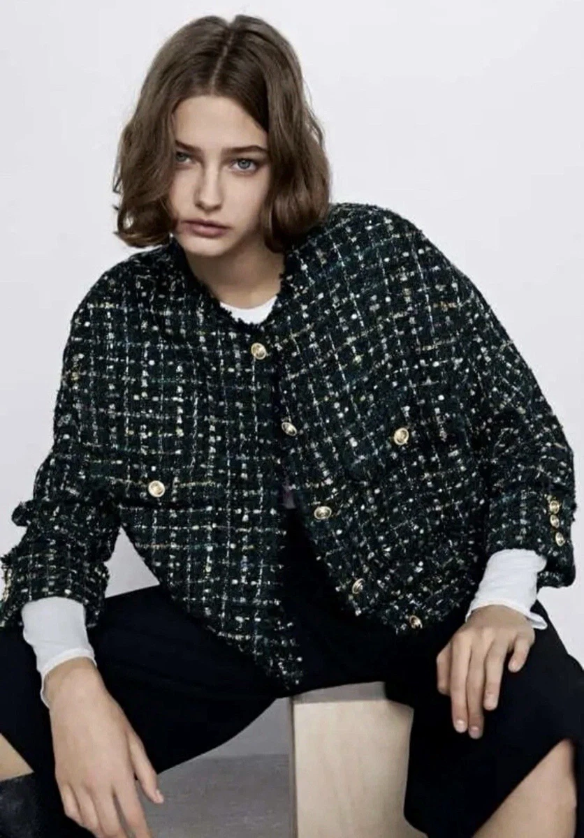 Zara Tweed Jacke Grün Goldene Knöpfe Gr.XS Bouclé Blazer/Zara Green Tweed Jacket
