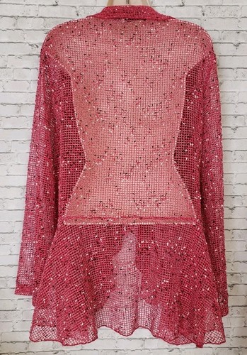 Vintage Keren Hart Womens XL Pink Mesh Open Knit Peplum Cardigan Shawl Collar - Picture 13 of 16