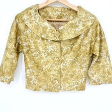 VTG Mara by Romay Gold Paisley Brocade Crop Jacket Portrait Collar Regency 60s