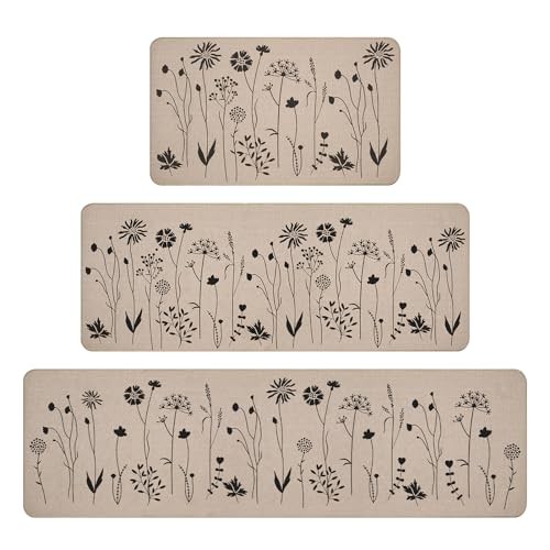 3 PCS Kitchen Rugs Set, Flowers Non Slip Kitchen Mats for Floor, Waterproof