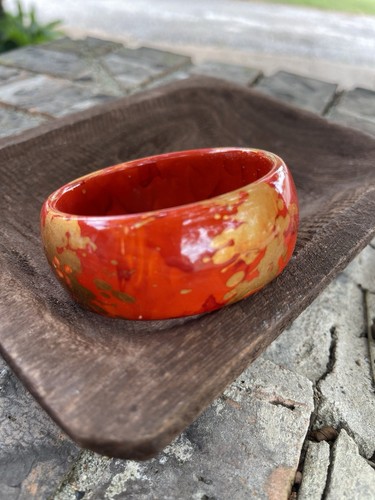 Acrylic Plastic Wood Bangle Bracelet Orange Gold Wide - Picture 2 of 5