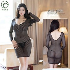 Women Long Sleeve V Neck Bodycon Sheer Sexy Wrap Slim Skirt Striped Mini Dresses