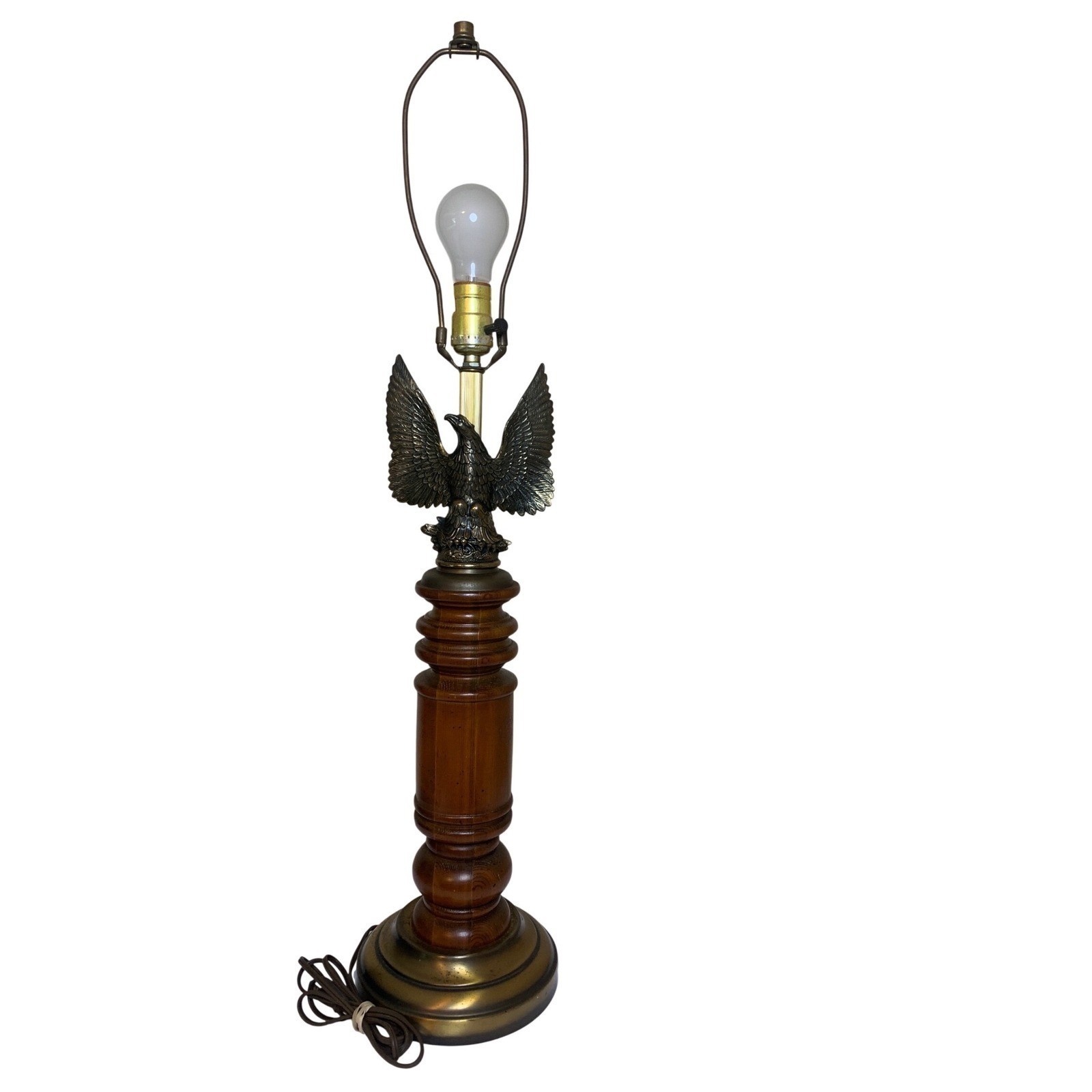 Vintage L&L WMC Brass Eagle Table Lamp Turned Wood Column Americana Decor