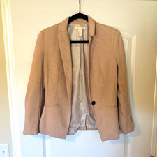 Women  s Beige Polyester Blazer Jacket Size M Lined Notch Lapel One-Button