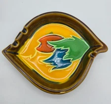 Leaf Shape Ceramic Ashtray Multicolor Retro Dish Brown Rim 8in Vintage JAPAN