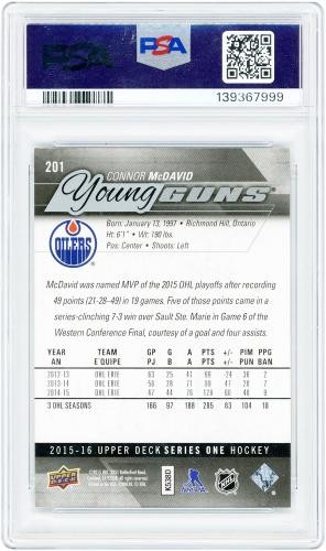 Connor McDavid Oilers 2015-16 Upper Deck Young Guns #201 PSA 8 Rookie Card view 2