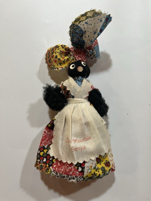 Vintage Handmade Patchwork Cloth Doll w/ Apron “Stone Mountain Georgia” + Bell