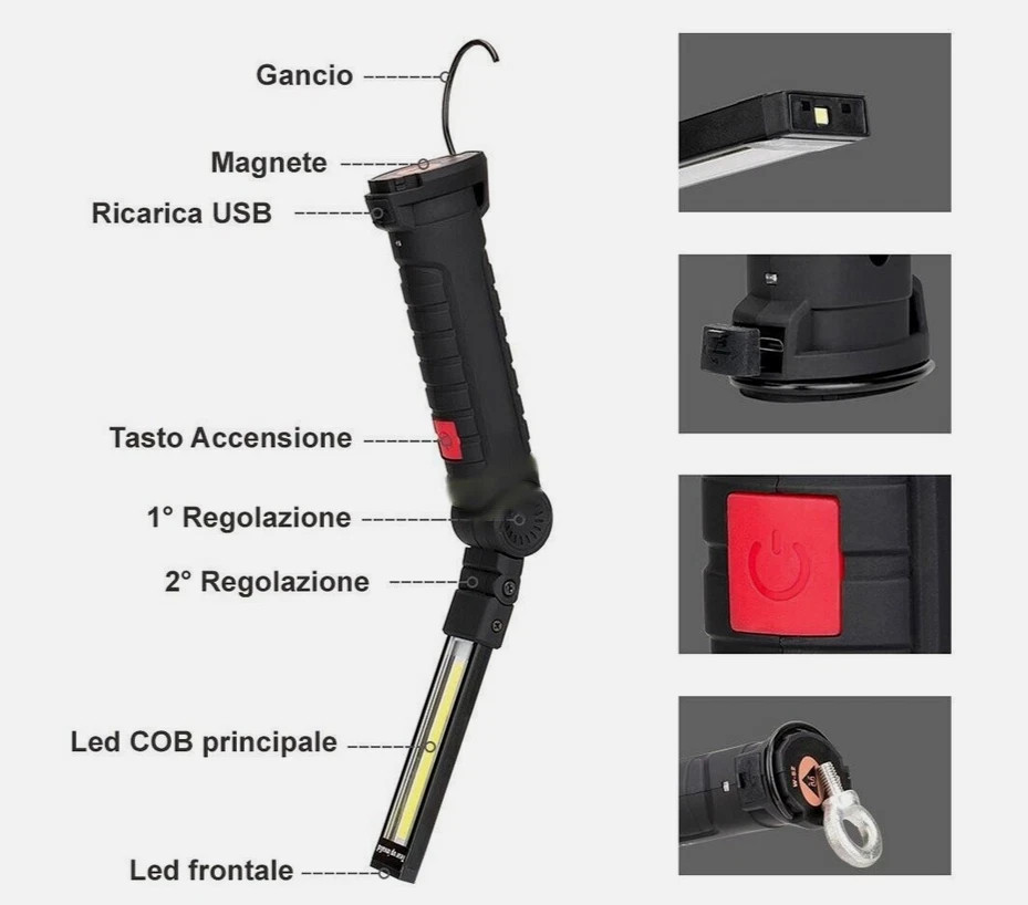 Lampade LED Torcia da Lavoro Ricaricabili USB Magnetiche con Gancio Officina - Miniatura 5
