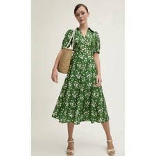 LK Bennett Sophie Green Floral Pearl Button Midi Dress Size 8