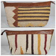 Vintage Wool Kilim Rug Brown Leather Zip Top Pouch Handbag Clutch 8" x 16" x 6"