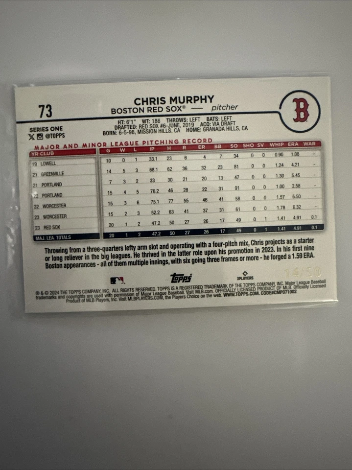 2024 Topps Chris Murphy #73 RC Yellow Crackle /50 Rookie Card Boston Red Sox - Image 2 of 3