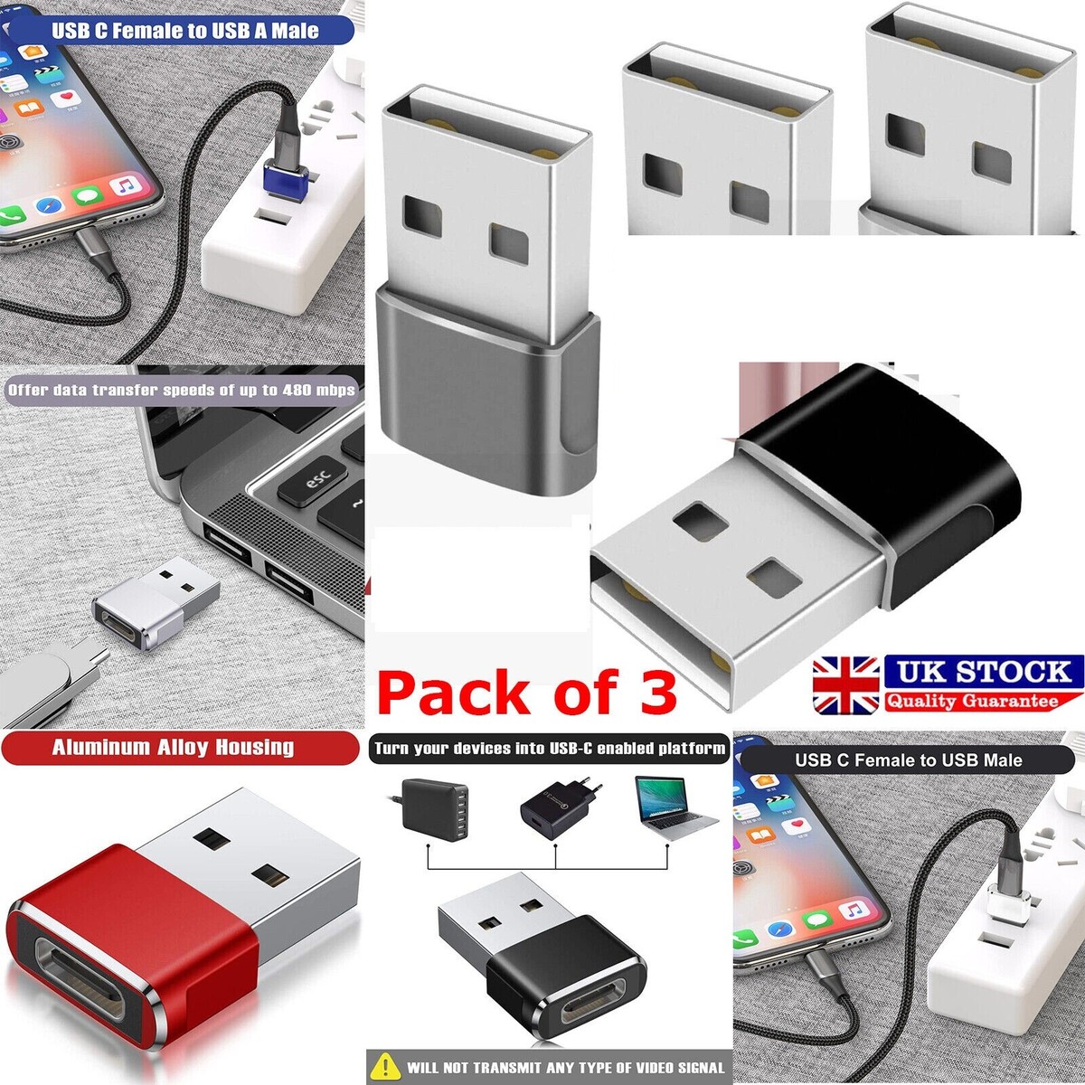 2-Pack USB-C To USB-A Adapter - High-Speed Data & Charging, USB 3.0, With LED Indicator