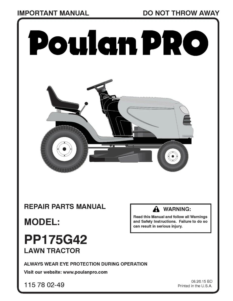 Service Parts Manual Fits Poulan PRO PP175G42 Lawn Tractor 2015