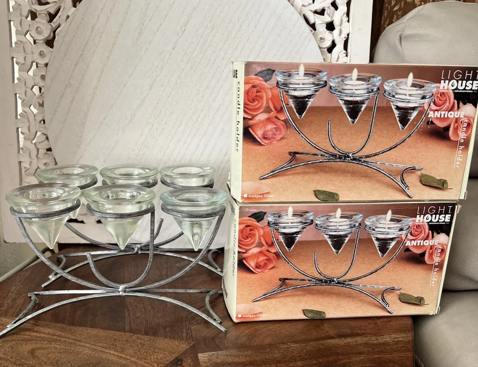 2 Candelabros Votivos Triple Vidrio Pesado y Hierro con Cajas Y2K Foto 2 de 4