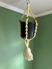 Vintage Macrame Plant Hanger Light Yellow W/ Beads, Tassel 30.5  Total Length