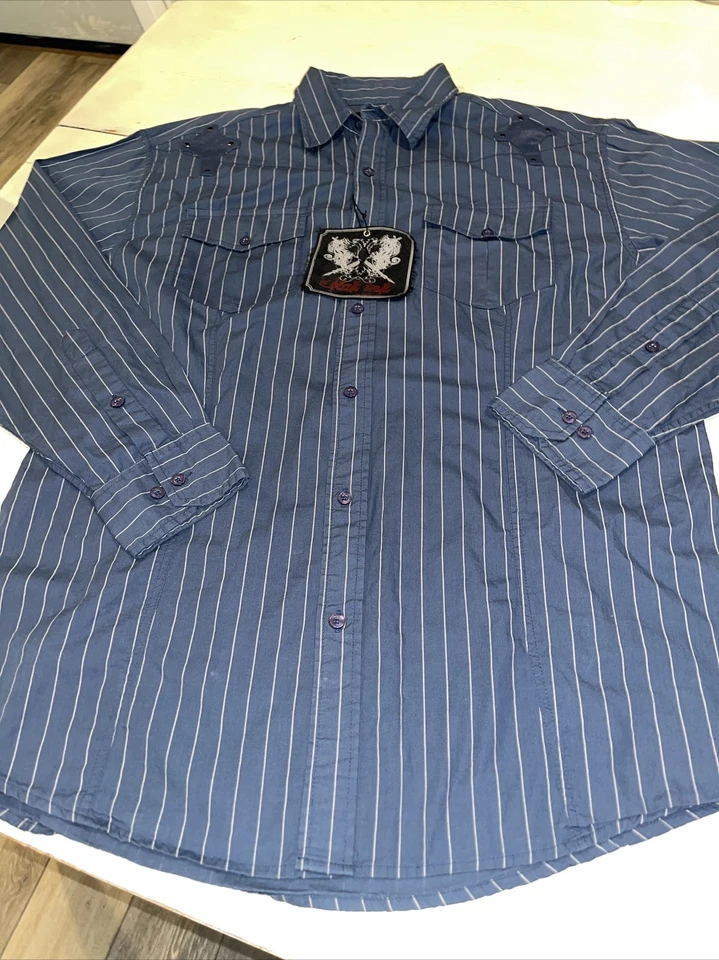 Camisa Para Hombres Tinta Negra Abotonada Manga Larga Azul Gris Rayas Algodón Talla L Foto 4 de 4