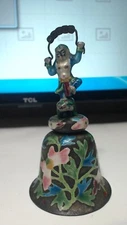 Antique Cloisonn enamel  bell frog & dancing figure in ethnic dress on handle  