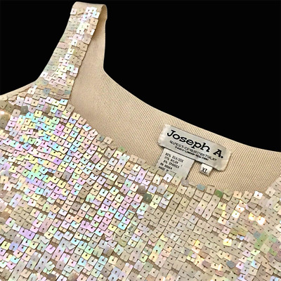 Vintage JOSEPH A Silk Metallic Sequin Sleeveless Top XL Rave Disco Swiftie Glam