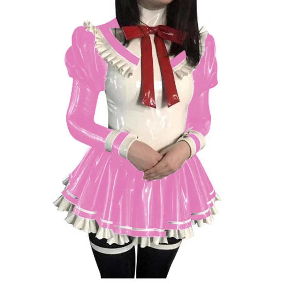 Shiny PVC High Neck Long Puff Sleeve Anime Maid Dress Sweet Maid Uniforms S-7XL - Image 3 of 4