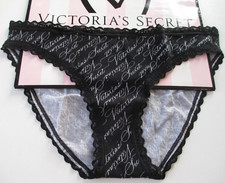VICTORIA'S SECRET Cotton Bikini Panty S SMALL Black Logo Script NWT Lace Trim VS