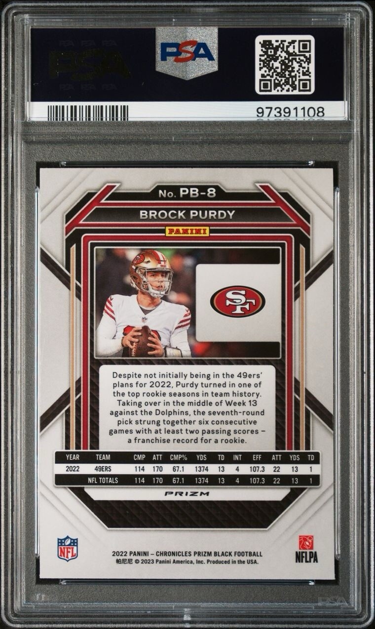 2022 Panini Chronicles Brock Purdy RC Prizm Black Silver PSA 10 GEM MT view 2