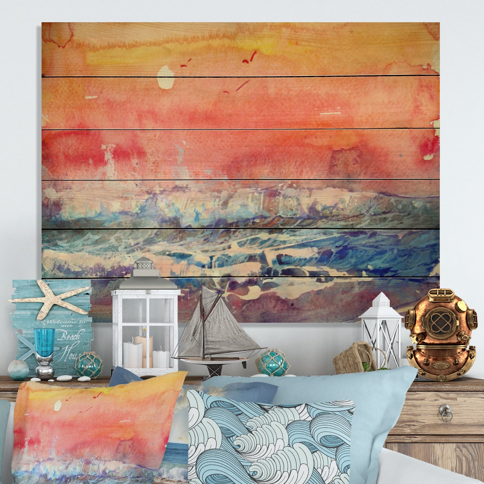 Designart 'Multicolor Orange Sunset Over The Sea' Nautical &