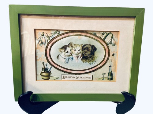Antique Victorian Birthday Greeting Card Framed Cats Dog Champagne Celebration