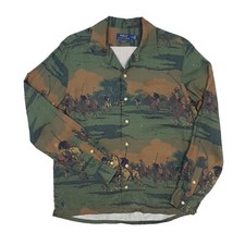 Polo Ralph Lauren Allover Print Camp Shirt Medium Equstrian Horse Linen Summer