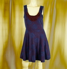 FREE PEOPLE New Royal Blue Burgundy Brown Beaded Floral Women Flare Dress Size M