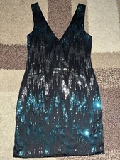 NWT As U Wish Black Blue Silver Sequin V-neck V-back Cocktail Party Dress Small