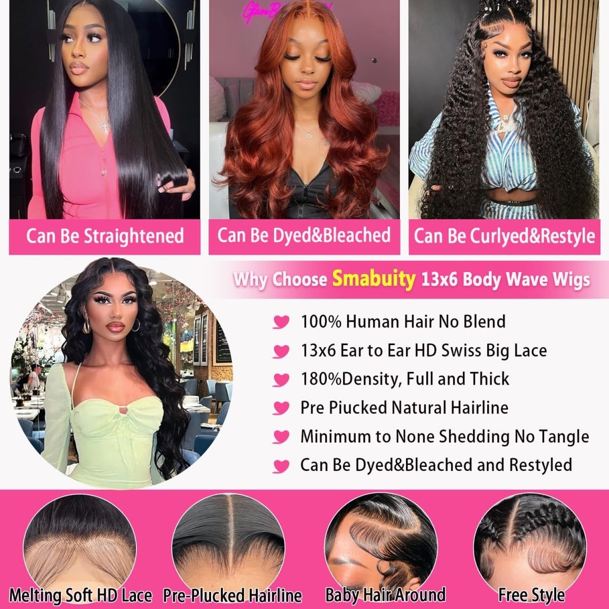 Body Wave Lace Front Wig 13x6 HD Lace 180 Density Glueless Pre Plucked 26 Inch Body Wave Lace Front Wigs Human Hair Pre Plucked 180  main image 4