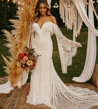 Boho Mermaid Wedding Dresses Batwing Sleeves Backless Lace Applique Bridal Gowns