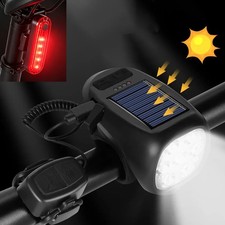 Bike Bicycle Headlight Taillight w/ Horn Set Solar USB Rechargeable Waterproof