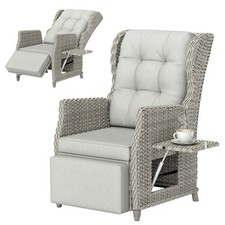 Outsunny Rattan Garden Recliner Chair with Flip Table, Light Grey